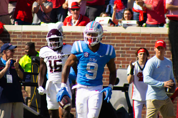 Ole Miss Rebels Tre Harris scores a touchdown against Texas A&M at Vaught-Hemingway Stadium